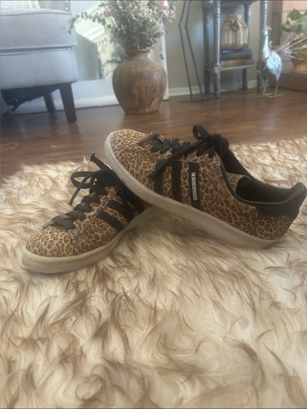 Adidas END. Synthetic Leopard Hair Sneakers with Black Stripes